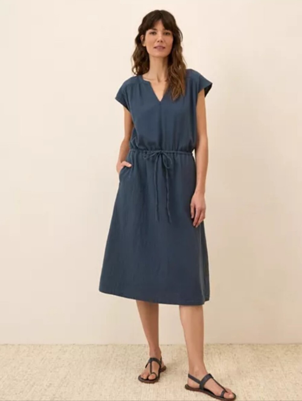 Pact French Navy Cotton Gauze Drawstring Midi Dress M
